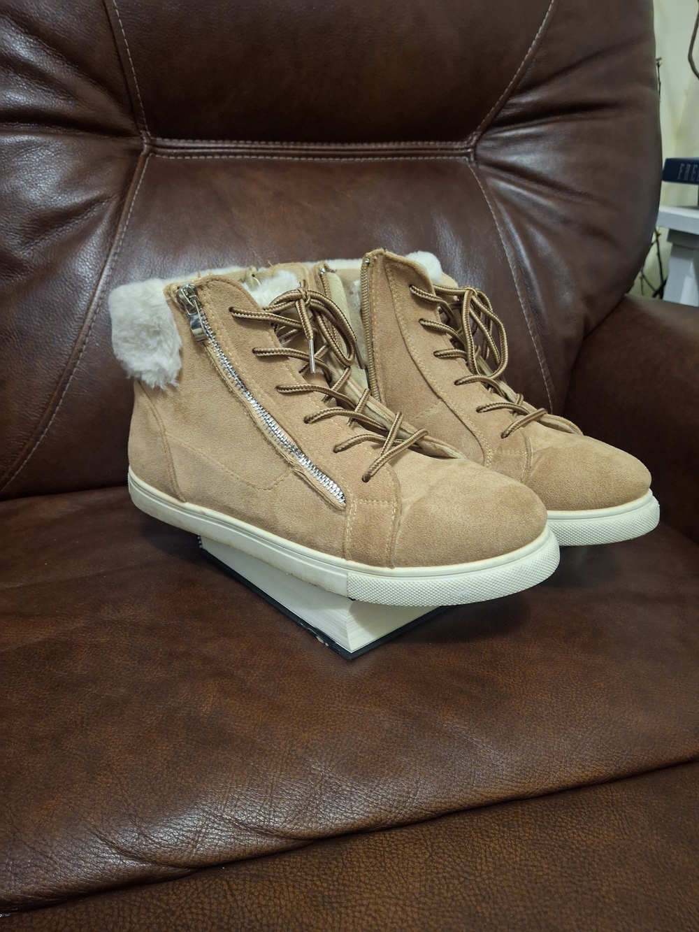 Women's Tan Suede Fur-Lined Ankle Booties with Side Zip